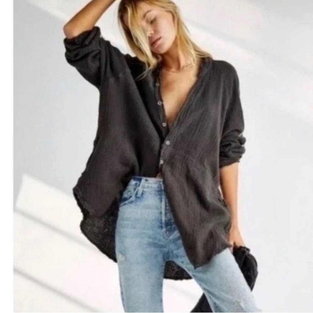 Free People Summer daydream gauze top shirt Women's Black Button-Up Top